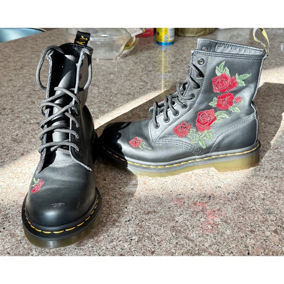 Dr Martens Black Leather Rose Embroidered Combat Boots Women - Picture 2 of 10